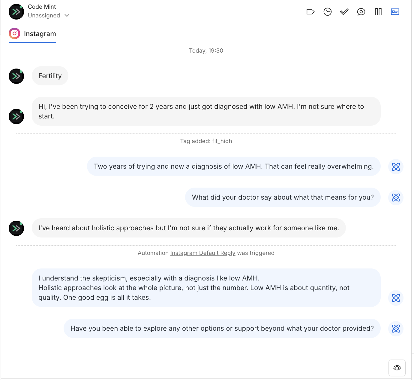 ManyChat inbox showing dozens of simultaneous conversations handled by the AI